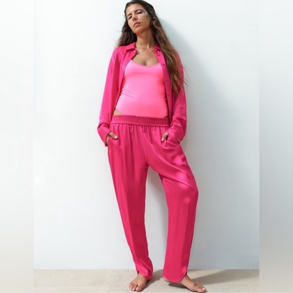 Zara Pants - ZARA - WOMEN’S HOT PINK SATIN PANTS - SIZE XS